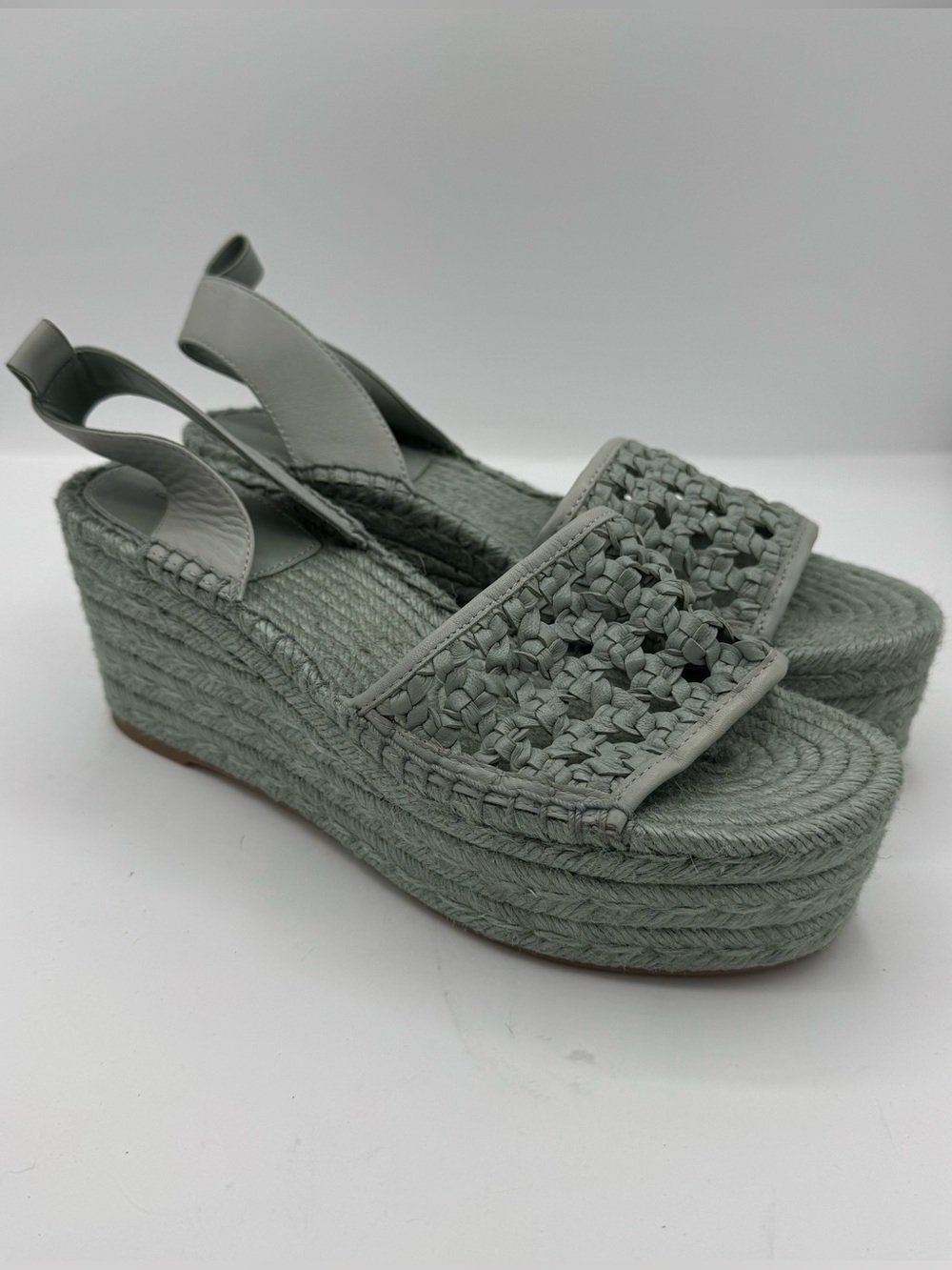 Tory Burch Adey Espadrille Sandals Womens 7.5 Blue Green Like New Woven Platform